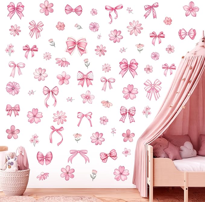 decalmile Pink Flower Bow Wall Stickers Watercolor Bow Knot Wall Decals Baby Nursery Bedroom Girls Room Wall Decor Gifts for Her
