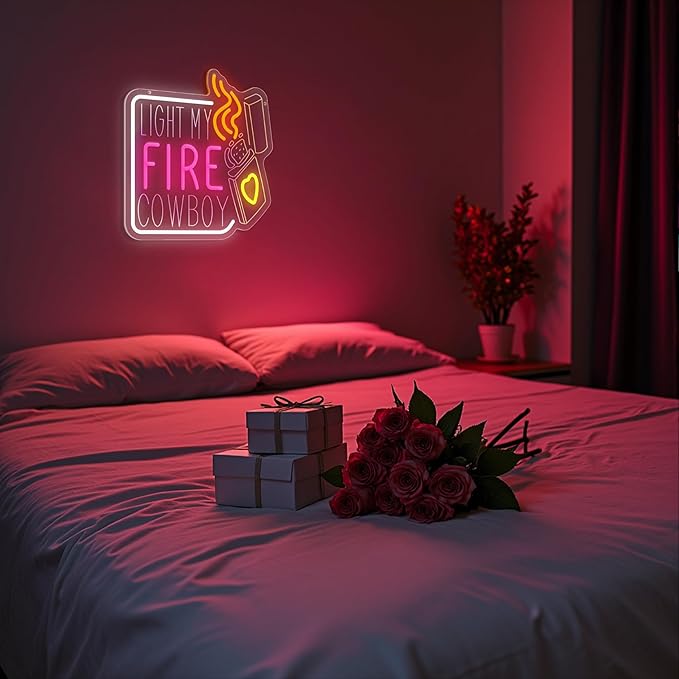 LIGHT MY FIRE COWBOY Neon Sign, Valentine's Day Neon Signs for Wall Decor, Dimmable Acrylic Neon Lights for Room Bedroom Hotel Bar Pub Club Party Decorations, Perfect Gifts