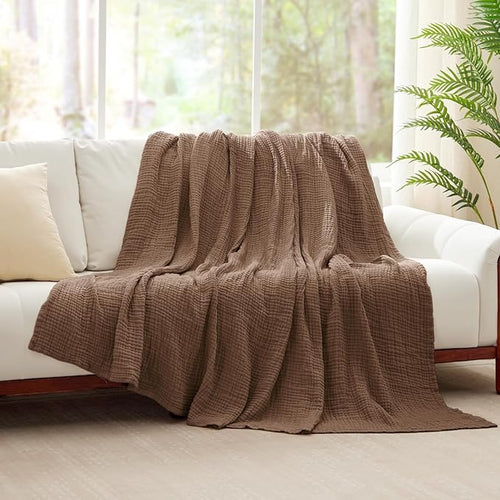 100% Cotton Muslin Blanket 50" x 60", Breathable and Lightweight Cotton Throw Blankets for Couch, Soft Cooling Summer Gauze Blanket for Adults All Season, Tan