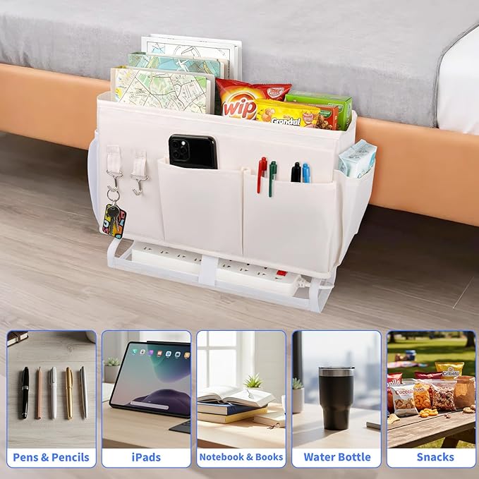 Bedside Caddy for Dorm Bed Bedside Organizer, Bedside Storage with 10 Pockets and Power Strip Holder, Multifunctional Bedside Pocket for Home, College, Dorm, Bunk/Hospital/Crib Bed (Beige)