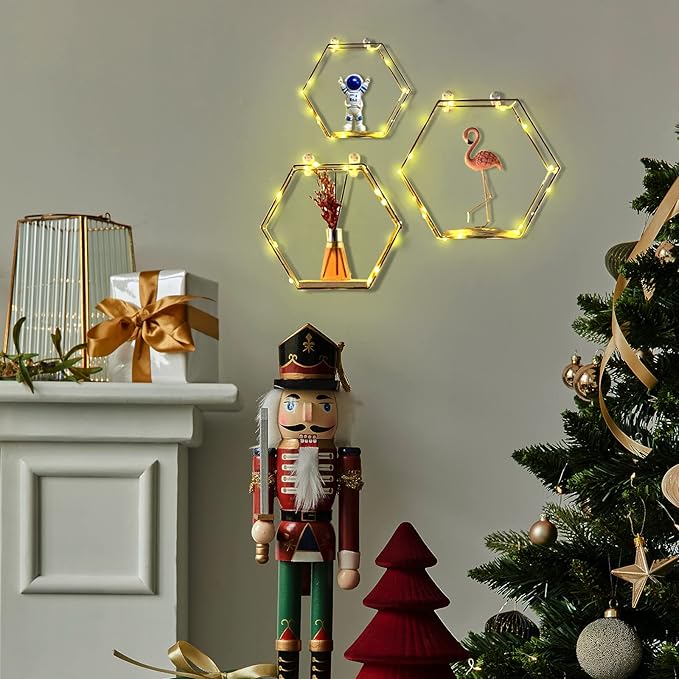 Hexagon Floating Shelves Wall Decor, Gold Metal Wire and Wood Wall Mounted Storage Shelf Home Decorations Art for Bedroom Living Room Kitchen Bathroom, Set of 3 with LED Lights
