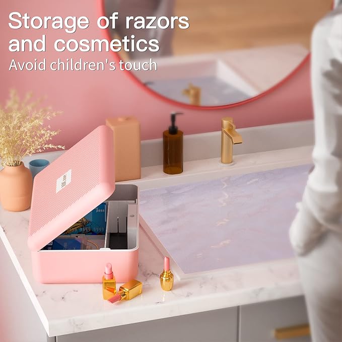 Biometric Fingerprint Storage Box, Portable Jewelry Cash Safe Storage Box, Rechargeable Lock Box for Car Home Office Travel (Pink)