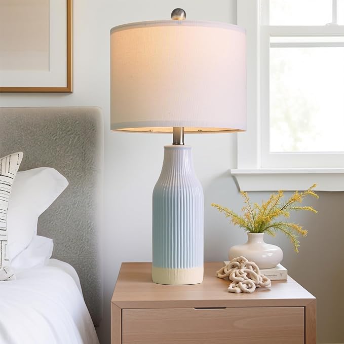 23.75inch Light Blue Modern Ceramic Bedside Lamp Set of 2 with 5FT Cord for Bedroom Decor Farmhouse Table Lamp for Living Room Office Dorm