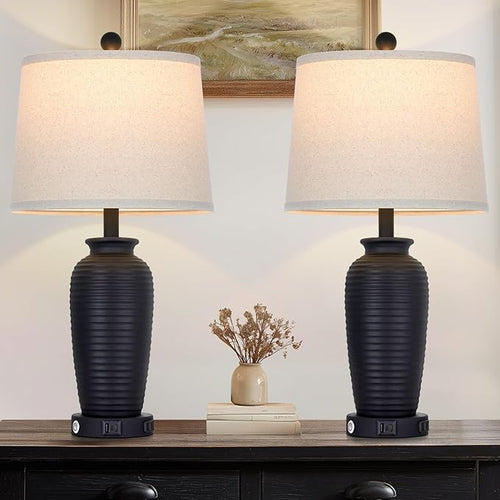 25" Retro Black Farmhouse Jar Table Lamps Set of 2, 3 Way Touch Control Rustic Bedside Lamps with USB A+C Ports & AC Outlet, Pot Nightstand Lamps for Bedroom Living Room (LED Bulbs Included)