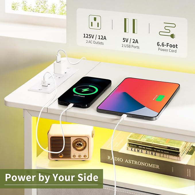 Yoobure End Table with Charging Station, LED Narrow Side Table Bedside Table, Small Night Stand End Tables Living Room, Skinny Nightstand with 3 Fabric Drawers, Side Tables Bedroom for Small Spaces
