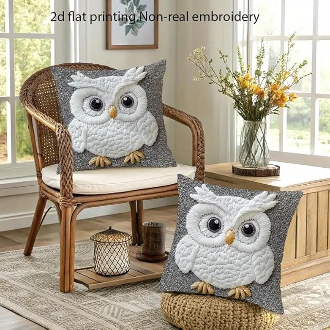 Decorative Owl Throw Pillow Cover, 2D Printed Design on Gray, White Non-Embroidered Pattern, Set of 2，18x18 Pillows Linen Pillowcase