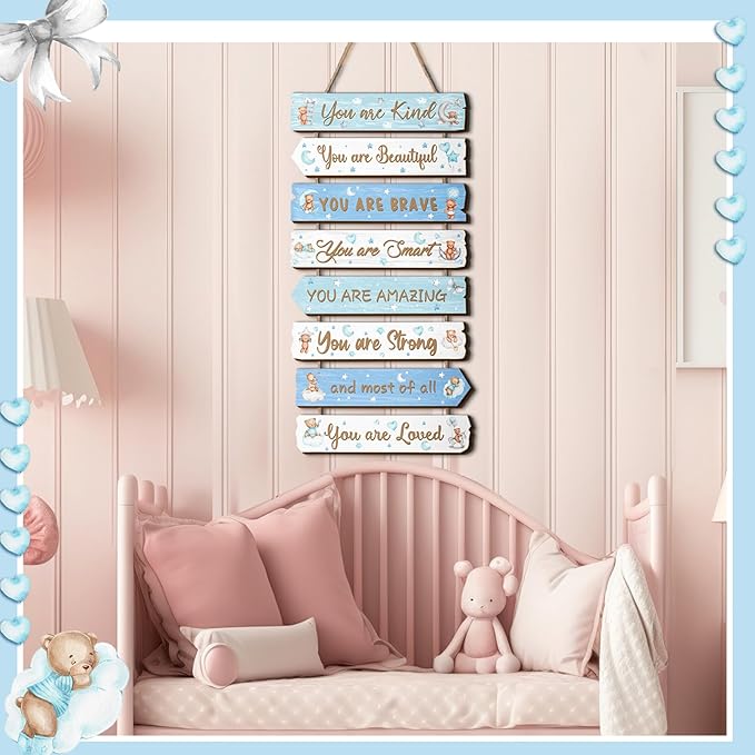 Inspirational Girl Room Decor Aesthetic Art Wall Hanging Sign Inspiring Colorful Rainbow Wooden Decoration for Kids Teens Toddler Boy Baby Bedroom Nursery Dorm Decor, 6-12 Years old (Teddy Bear)
