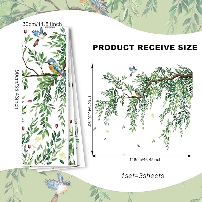 Large Green Tree Leaves Wall Stickers,3 Sheets Hanging Vine Tree Wall Decals Peel and Stick Waterproof Leaves Branch Wall Murals Decor for Living Room (Green Leaves, 11.8 * 35.4inch)