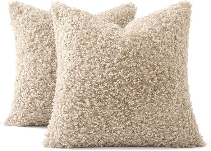 MIULEE Pack of 2 Faux Fur Throw Pillow Covers 26x26 Inch Neutral Oatmeal Boucle Decorative Sherpa Pillow Covers Fuzzy Accent Soft Sheepskin Fleece for Boho Home Decor Sofa Living Room Couch Bed
