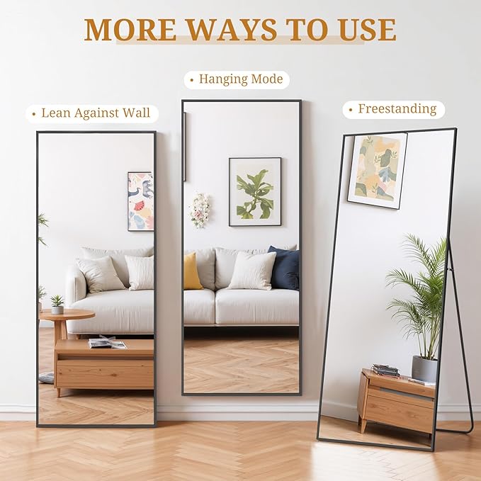 Full Length Mirror 65"x24" Full Body Mirror Rectangle Free Standing Wall Mounted Leaning Floor Mirrors with Stand Aluminum Alloy Frame for Bedroom Cloakroom, Black