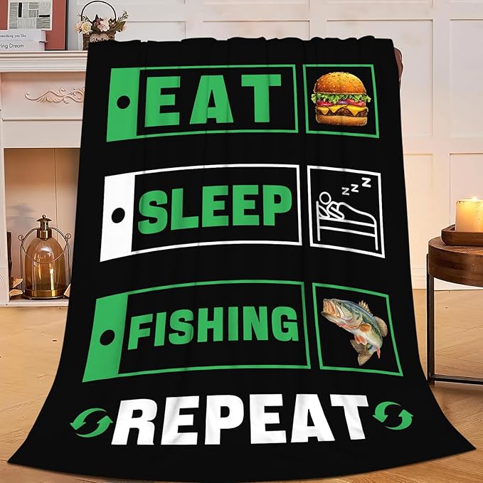 Fishing Blanket for Girls Women Boys Men Adults Kids Soft Cozy Fleece Eat Sleep Fish Hamburger Throw Blankets Fisherman Gifts Warm Flannel Plush Lightweight Decor for Couch Bed Sofa 60"X50"