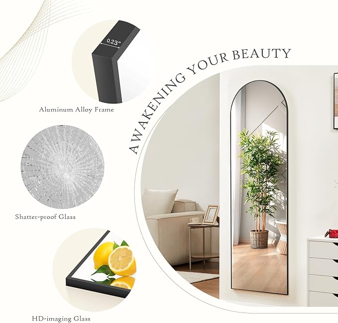 NEWBULIG Arched Full Length Mirror 64.2"x 21" for Bedroom, Full Body Mirror with Stand, Hanging or Leaning for Wall, Aluminum Alloy Thin Frame Floor Standing for Living Room, Long, Black