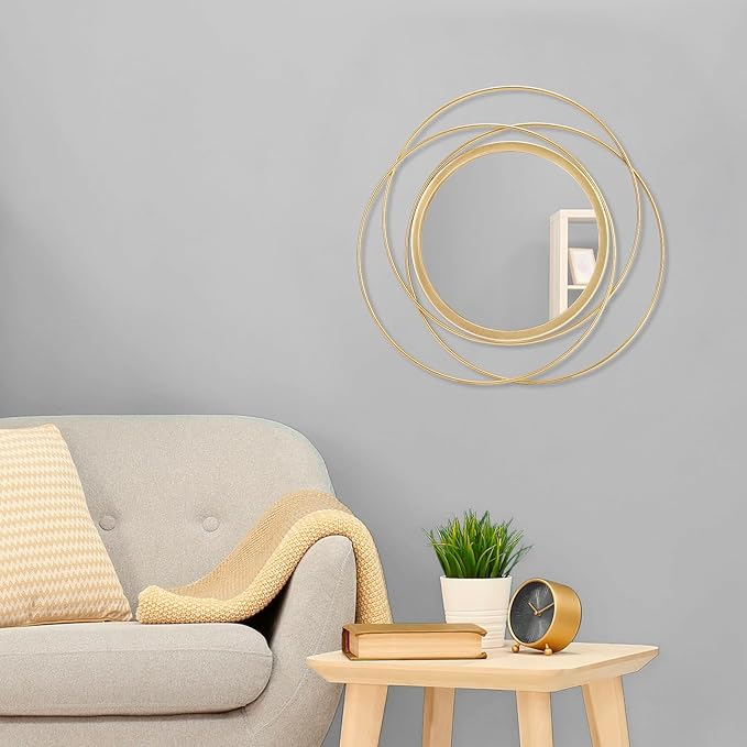 Gold Art Large Round Mirror with Iron Metal Wire Frame Wall-Mounted Mirror for Home Decor Living Room Bedroom Bathroom Entryway 16"