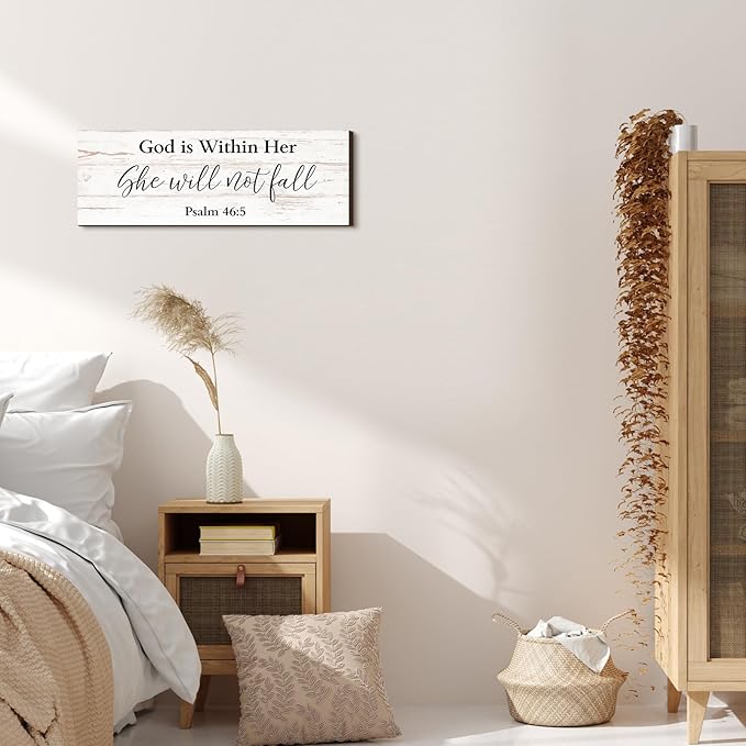 Jetec Farmhouse Bible Verse Scripture Wall Signs, God Is with Her She Will Not Fall Wooden Plaque Decor for Church Home Christian Wall Art Decor(17 x 6 Inch, Psalm)