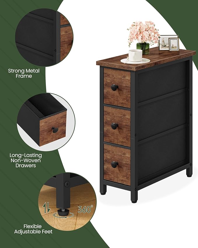 Narrow Side Table with 3 Fabric Drawers, Industrial Slim Bedside Table for Small Spaces, Bedroom, Living Room, Dormitory, Rustic Brown and Black TBZ09BF