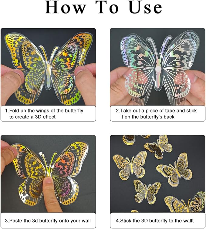 Gold Butterfly Wall Sticker - 60pcs Butterflies Mural Wall Stickers for Home Room Decoration, Brithday Wedding Party Festival Decorations Reusable Removable Decor