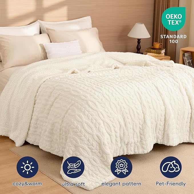 PHF Fluffy Sherpa Blanket Twin Size for Winter, Warm and Soft, 510GSM 3D Jacquard Thick Shaggy Fleece Plush Blanket for Sofa Bed, Cream, 60"x80"