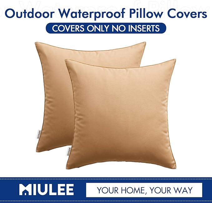 MIULEE Pack of 2 Decorative Outdoor Waterproof Pillow Covers Square Garden Cushion Sham Throw Pillowcase Shell for Spring Patio Tent Couch 16x16 Inch Light Brown