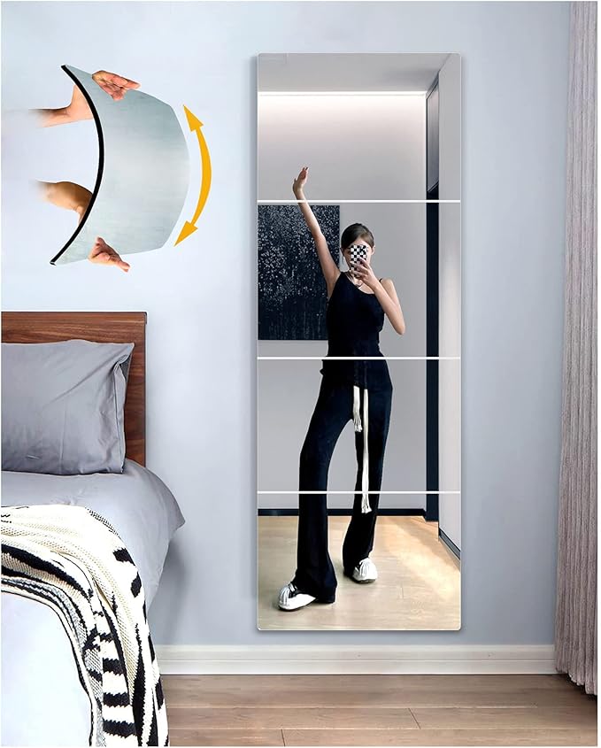 Shatterproof Full Length Mirror Tiles for Wall,Body Mirror for Kids,4Pcs 16"x16",Frameless Plexiglass Acrylic Plastic,Unbreakable Acrylic Non Glass Self Adhesive Wall Mounted for Home,Bathroom,Door