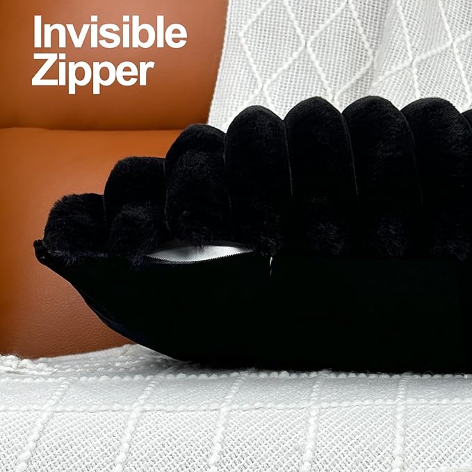 16x16 Throw Pillow Covers Set of 2, Decorative Faux Fur Covers for Bed, Couch Soft Fluffy Pillow Cover with Velvet Back for Living Room, Neutral Home Décor Accent for Sofa - Black