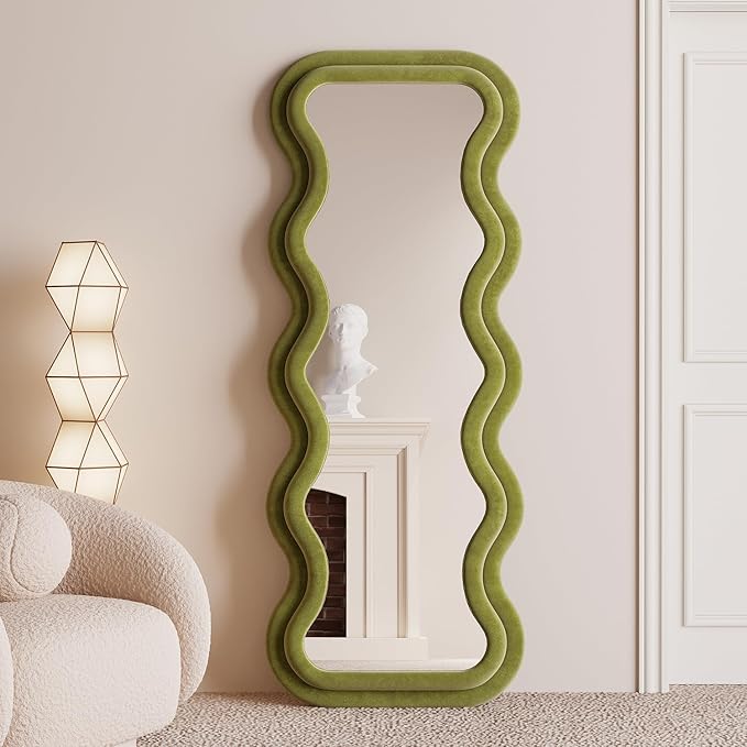 BOJOY Full Length Mirror 63"x24", Irregular Wavy Mirror, Arched Floor Mirror, Wall Mirror Standing Hanging or Leaning Against Wall for Bedroom, Flannel Wrapped Wooden Frame Mirror -Green