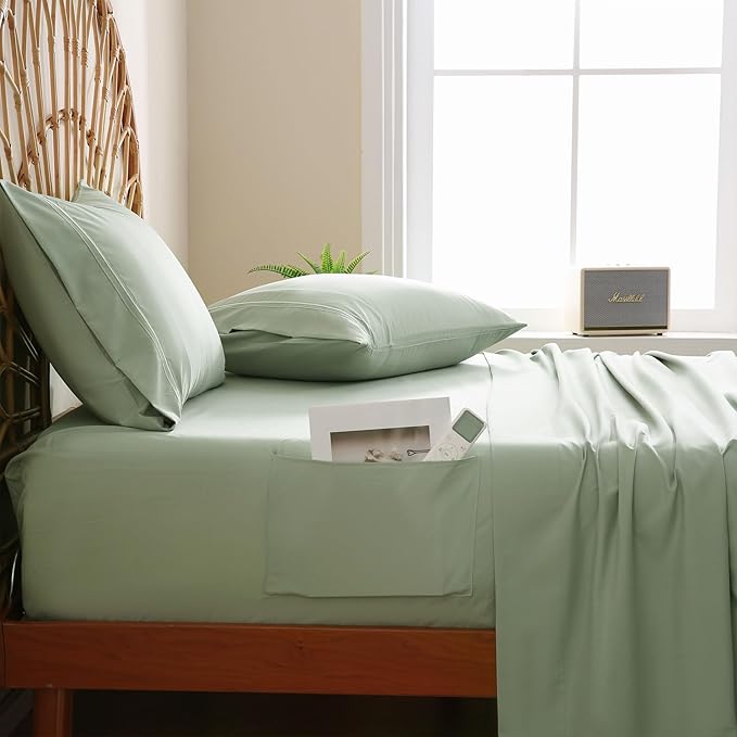JSD Sage Green King Sheet Set with Side Pocket Corner Straps, 4 Piece Soft Microfiber Bed Sheets Extra Deep Pocket