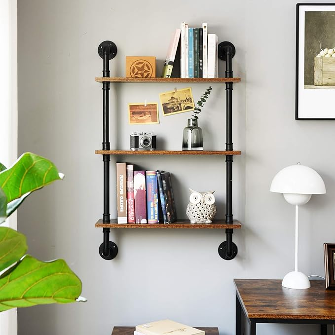 IBUYKE Industrial Pipe Shelves, Pipe Floating Shelves, Rustic Wall Mount Bookcase, 3-Tiers, 23.6" Metal Bracket Storage Wall Shelf for Bedroom, Kitchen, Living Room, Bathroom RF-TM003