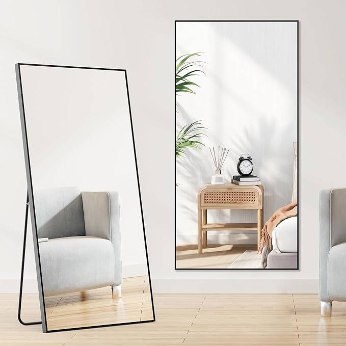 DUMOS Full Length Mirror 64"x21" Full Body Floor Mirror for Bedroom or Cloakroom, Can Stand Alone, Hang or Lean Against Wall, Tall Wall Mirror with Stand, Black