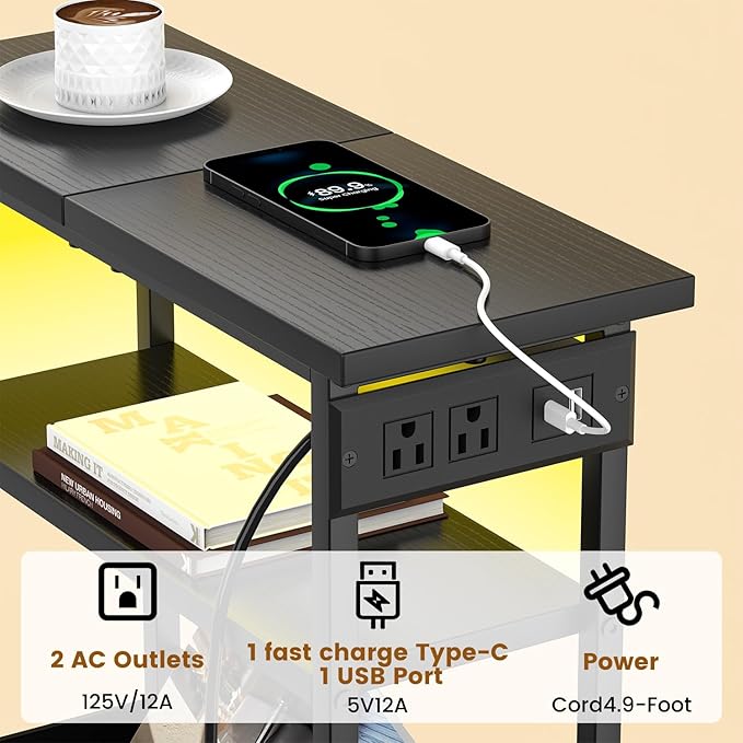 Narrow Side Table with Charging Station and LED Light, Small End Table with 1 Fabric Drawer, Skinny Nightstand with USB Ports & Type-C, Slim Side Table for Bedroom, Living Room, Black