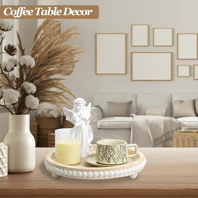 Decorative Coffee Table Tray, Round Wooden Tray Decor Log Beaded Distressed Rustic Farmhouse Centerpiece for Living Room Entryway Kitchen Counter Candle Holder Organizer