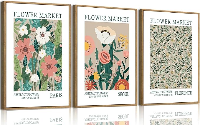 Wodkwq 3 Piece Framed Wall Art Floral Wall Decor Botanical Canvas Art Flower Market Pictures Retro Paintings Minimalist Artwork Prints for Living Room Bedroom