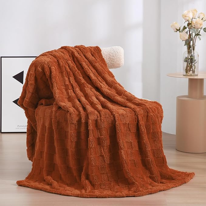 Burnt Orange Fleece Throw Blanket 60”×80” for Couch Sofa Bed,Super Soft Cozy Plush Microfiber Flannel Blanket with 3D Checkered Design Lightweight for Adults,Woman,Girls