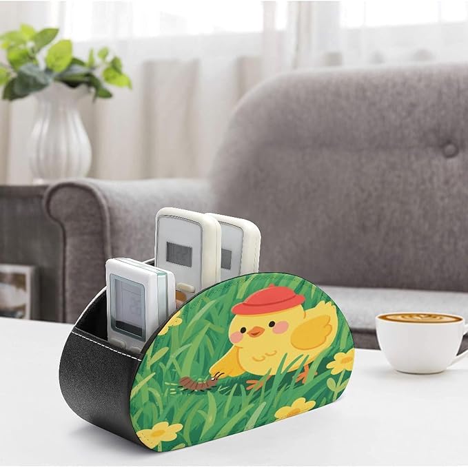 Yellow Chick in Grass Remote Control Holder Organizer Box with 5 Compartment PU Leather Bedside Storage Caddy Remote Organizer for Controller Media Player Pen/Pencil Storage
