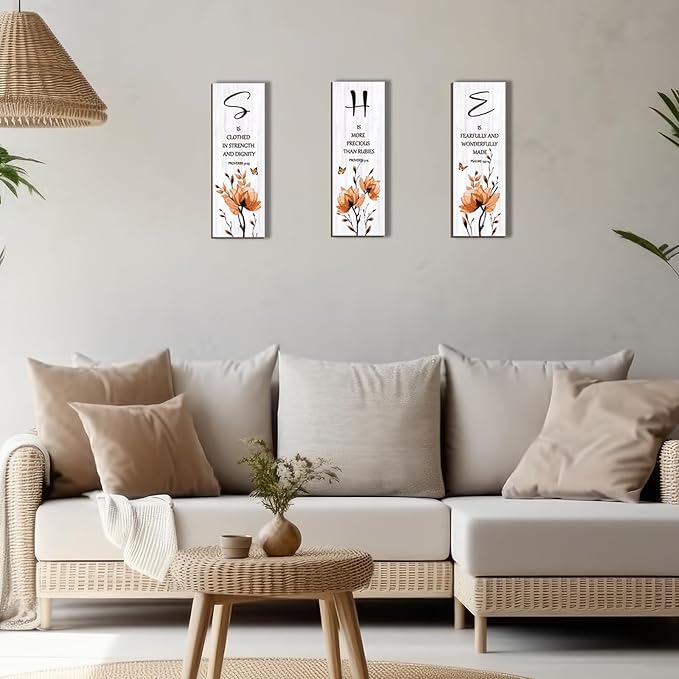 DONFENTHY 3 Pieces Orange Bedroom Decor Orange Floral Bathroom Decor Wooden Hanging Wall Art Christian Quotes SHE Word Sign Gift for Women Bedroom Living Room Office (12x4 Inch)