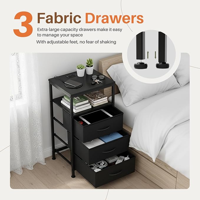 Sweetcrispy Nightstand with Charging Station, Bedside End Table with 3 Fabric Drawers & USB/Type-C Ports and Outlets, Night Stand for Bedroom Furniture, Adjustable Feet and Variable Light Strip, Black