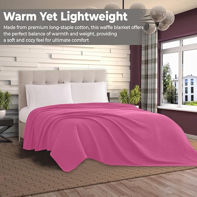 100% Cotton Blankets for Bed - Waffle Weave Blankets for Summer, Lightweight and Breathable Soft Woven Blanket for Spring (Pink, Queen (90" x 90"))