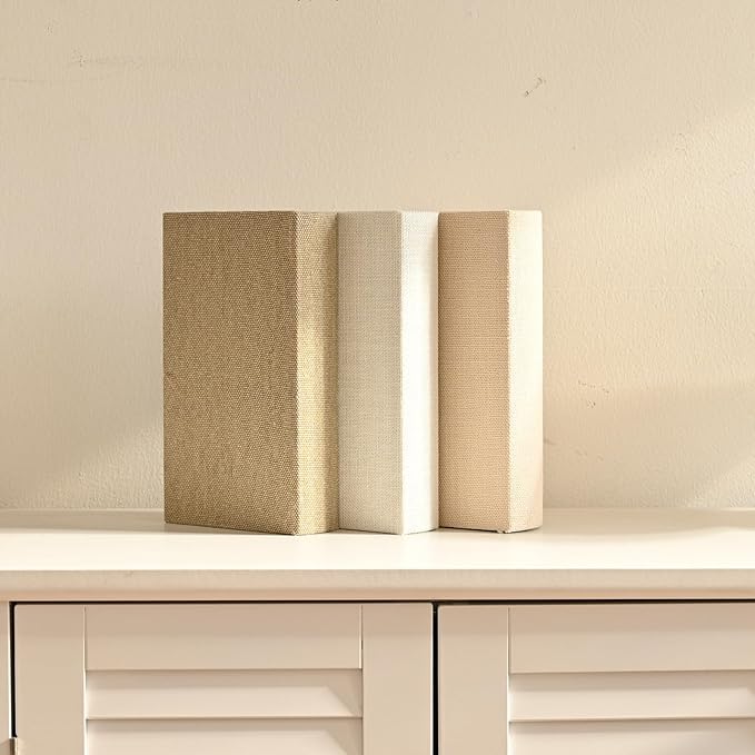 Modern Linen and Wood Decorative Faux Book Boxes Set of 3, 12",Taupe,Beige,Off White