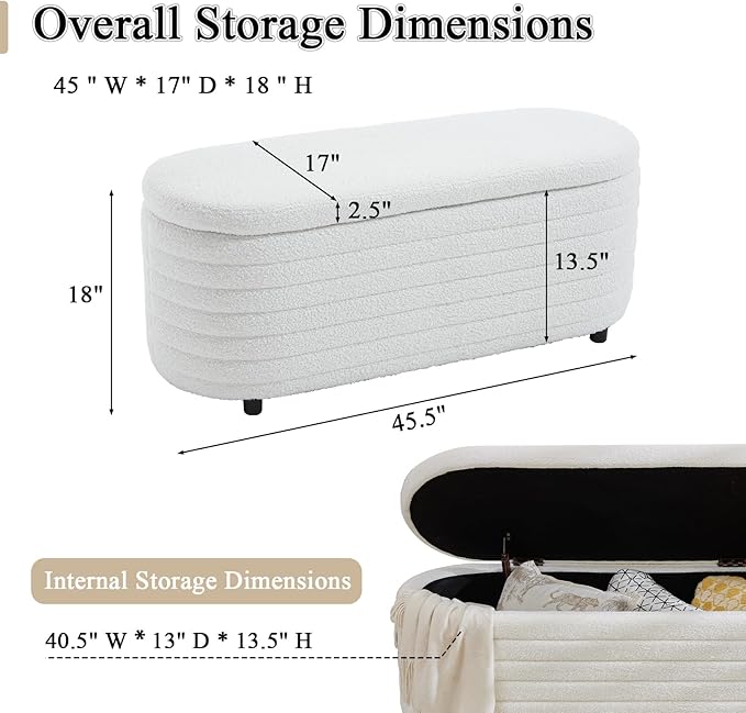 Storage Teddy Ottoman Bench Upholstered Fabric Storage Bench End of Bed Stool with Safety Hinge for Bedroom, Living Room, Entryway, Closet(45.5", White)