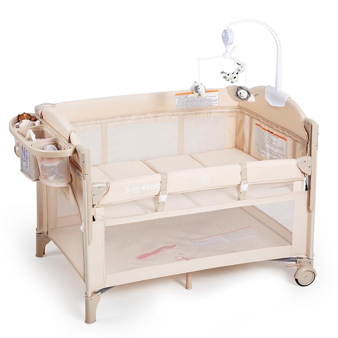 Baby Bassinets Bedside Sleeper, 4 in 1 Portable Bedside Crib w/Mattress, Diaper Changer, Storage Basket, Music Box, Carry Bag, Foldable Playard Sleeper for Newborn (Beige)