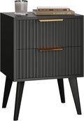 Small Black Night Stand,Mid Century Modern Bedside Table, Nightstand with 2 Drawers,Fluted Side Table with Wood Legs, End Table for Bedroom,Small Space,Black 11.8" D x 16" W x 22.4" H CTG55BK
