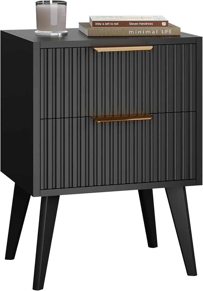 Small Black Night Stand,Mid Century Modern Bedside Table, Nightstand with 2 Drawers,Fluted Side Table with Wood Legs, End Table for Bedroom,Small Space,Black 11.8" D x 16" W x 22.4" H CTG55BK