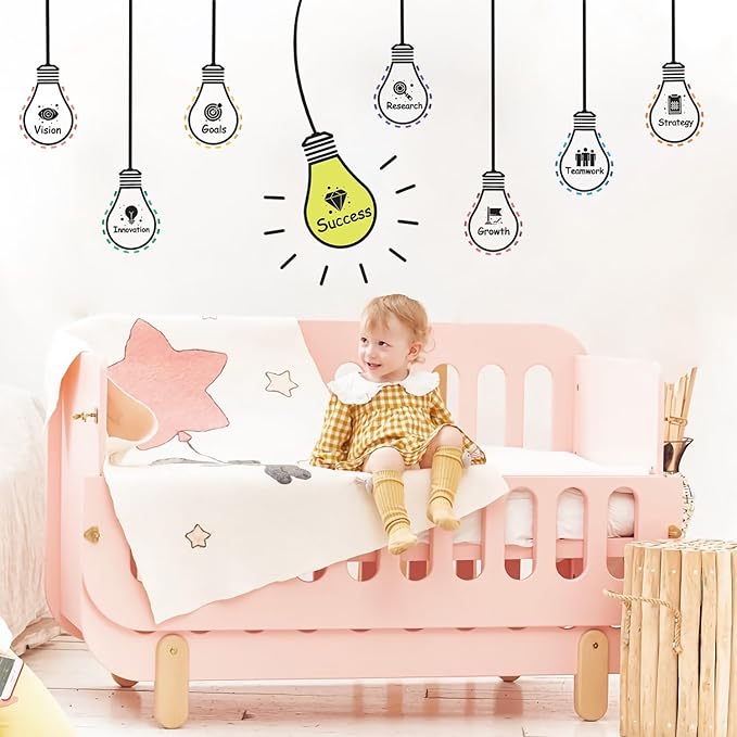 HLNIUC Large Size Positive Words Wall Decal 22PCS Success Teamwork Wall Sticker Minimalist Inspirational Lettering Artwork Motivational Saying Art Sticker Light Bulb Themed Wall Decals for Classroom