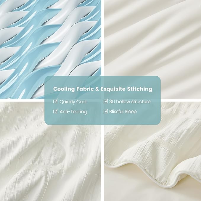 Cozy Bliss Seersucker Cooling Comforter Queen Size, Q-Max 0.45 Reversible Lightweight Cooling Blanket, Breathable Silk Smooth Summer Bedding Quilt for Hot Sleepers Night Sweats Cream White