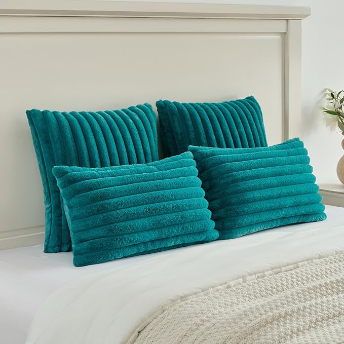 FUTEI Teal Green Decorative Throw Pillow Covers Set of 2, 20x20 Inch Soft Fluffy Faux Fur Plush Striped Cushion Cases, Modern Home Decor for Couch Bed Living Room