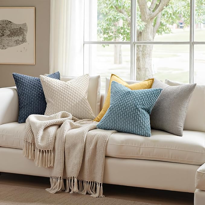 MIULEE Pack of 2 Decorative Throw Pillow Covers 18x18 Inch Soft Boho Striped Textured Corduroy Pillow Covers Modern Farmhouse Home Decor for Couch Bed Sofa Living Room Cream White
