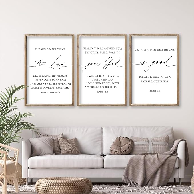 The Lord Your God Is Good Bible Verses Wall Art Decor Set of 3 24"x16" Bedroom Above Bed Inspirational Christian Scripture Wood Framed Sign Rustic Home Living Room Office Wall Hang (Wood)