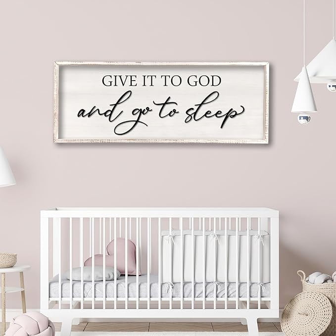 Give it to God and Go to Sleep Sign Wall Decor Wood Frame 40" X 15" Master Bedroom Above Bed Large Rustic Farmhouse Hanging Over Bed Wall Art Guest Room Decoration (White)