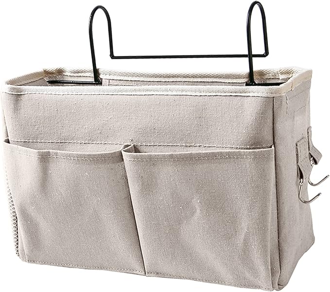 Jeanoko Nightstand Hanging Bag Cotton Linen Bedside Storage Pocket Organizer Basket Hanging Bed Storage Organizer Bag Bed Basket for Bunk Bed Dorm Rooms (White)