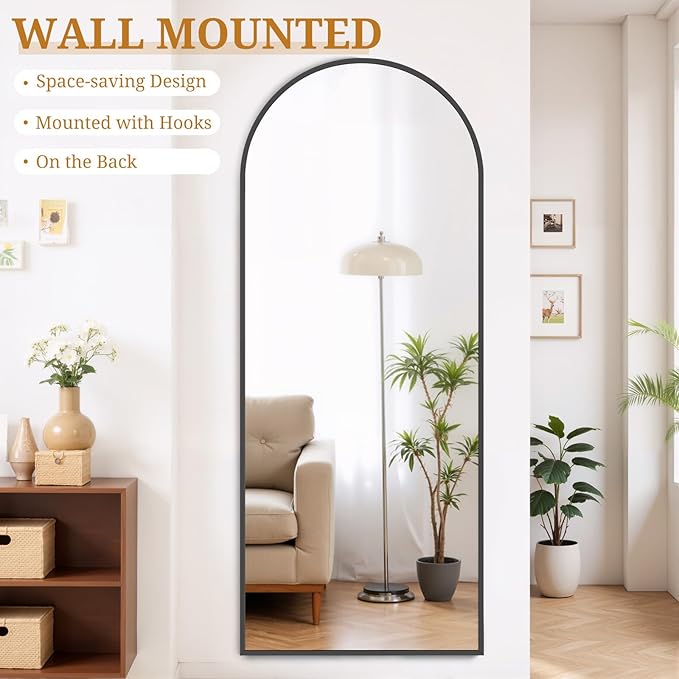 Full Length Mirror 71"x26" Full Body Mirror Arched Free Standing Wall Mounted Leaning Floor Mirrors with Stand Aluminum Alloy Frame for Bedroom Cloakroom, Black