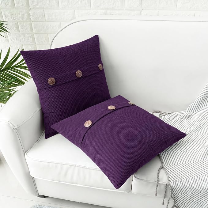 HWY 50 Purple Chenille Throw Pillow Covers 20x20 Inch with Triple Buttons, Soft Farmhouse Accent Decorative Cushion Cases for Couch Sofa Bed Living Room Pack of 2